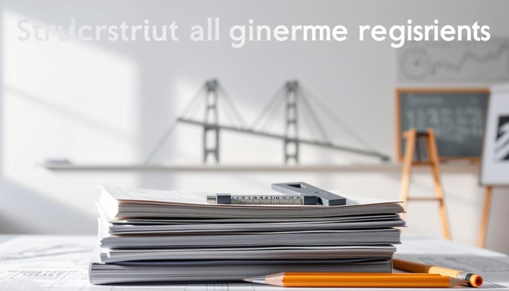 A detailed blueprint of structural engineering degree requirements, showcased against a clean, minimalist background. In the foreground, a stack of textbooks and engineering tools, such as a T-square, protractor, and drafting pencils, arranged meticulously. In the middle ground, a 3D model of a bridge or building structure, rendered in shades of gray, conveying the technical complexity of the field. The background features a softly blurred academic setting, with hints of a chalkboard or whiteboard, hinting at the educational environment. Dramatic side lighting casts subtle shadows, adding depth and a sense of solemnity to the scene, reflecting the rigor and precision inherent in structural engineering.