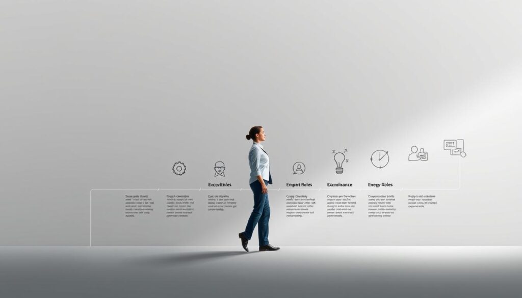A detailed career path illustration depicting the evolution of a project management professional. In the foreground, a well-lit, realistic figure of a person navigating various stages of project management, from entry-level to executive roles. The middle ground showcases distinct career milestones, represented by icons and descriptive labels, against a minimalist, grey-toned background. The background features subtle, muted gradients suggesting a sense of progression and growth. Lighting is soft and directional, creating depth and emphasizing the subject. The overall mood is aspirational, highlighting the diverse opportunities and advancement potential within the project management field.