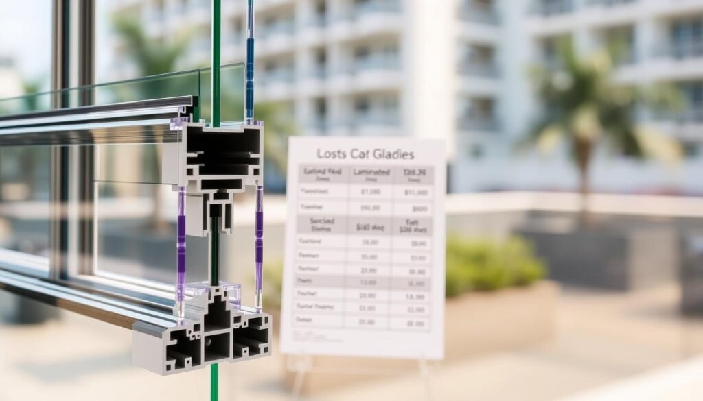 A detailed, close-up view of hurricane-resistant glazing materials, showcasing their structural integrity and cost-effective design. The foreground features a cross-section of the glazing system, highlighting the laminated glass panes, reinforced framing, and specialized sealants. The middle ground displays a price chart or cost breakdown, presenting the range of options and their associated expenses. The background provides a softly blurred urban setting, suggesting the real-world application of these resilient glazing solutions. The lighting is natural, with a subtle warm tone, emphasizing the clarity and durability of the materials. The overall composition conveys a sense of technical expertise and cost-conscious decision-making for homeowners and builders.