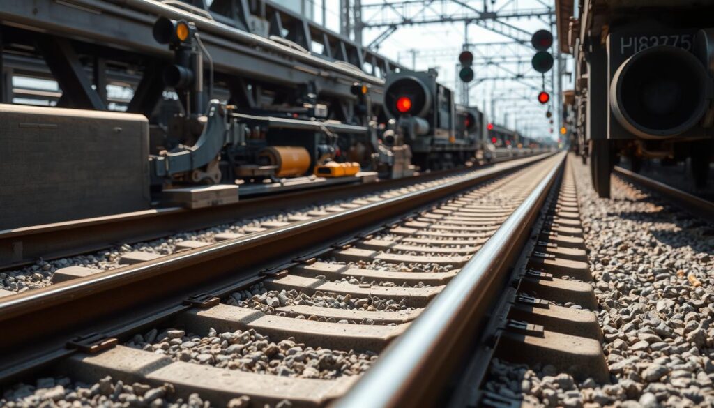 A detailed close-up view of various rail infrastructure components, including steel rails, concrete sleepers, ballast, and signaling equipment. The scene is illuminated by a combination of natural and artificial light, creating a sense of technical precision and functionality. The components are arranged in an organized and visually appealing manner, showcasing the intricate engineering behind a modern rail system. The overall mood is one of practical utility, highlighting the essential role of these elements in the safe and efficient operation of rail transportation.