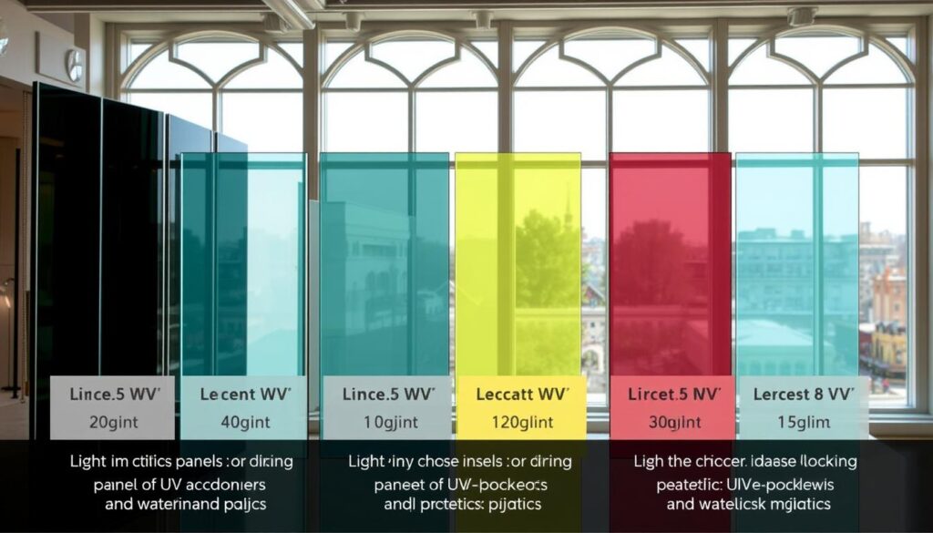 A detailed comparison of UV-protective glazing options, showcased in a well-lit showroom setting. The foreground features various glass panels with distinct tinting levels, positioned side-by-side to illustrate their UV-blocking capabilities. The middle ground showcases the panels in different lighting conditions, highlighting their performance. The background features architectural elements, such as window frames and mullions, to provide context. The image conveys a sense of technical precision and product demonstration, encouraging the viewer to assess the glazing solutions objectively.