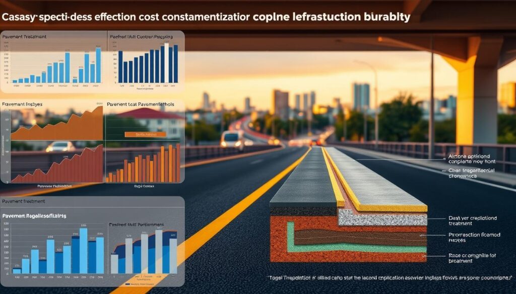 A detailed cost-effectiveness analysis of pavement rehabilitation methods, rendered in a technical, analytical style. In the foreground, an array of charts, graphs, and data visualizations illustrate the comparative performance and financial impacts of different pavement treatments. The middle ground features a cross-section of a road, with various construction layers and materials highlighted. The background showcases a panoramic view of a well-maintained urban streetscape, bathed in warm, directional lighting that emphasizes the structural details. The overall tone is one of informed decision-making, optimizing infrastructure durability and longevity.