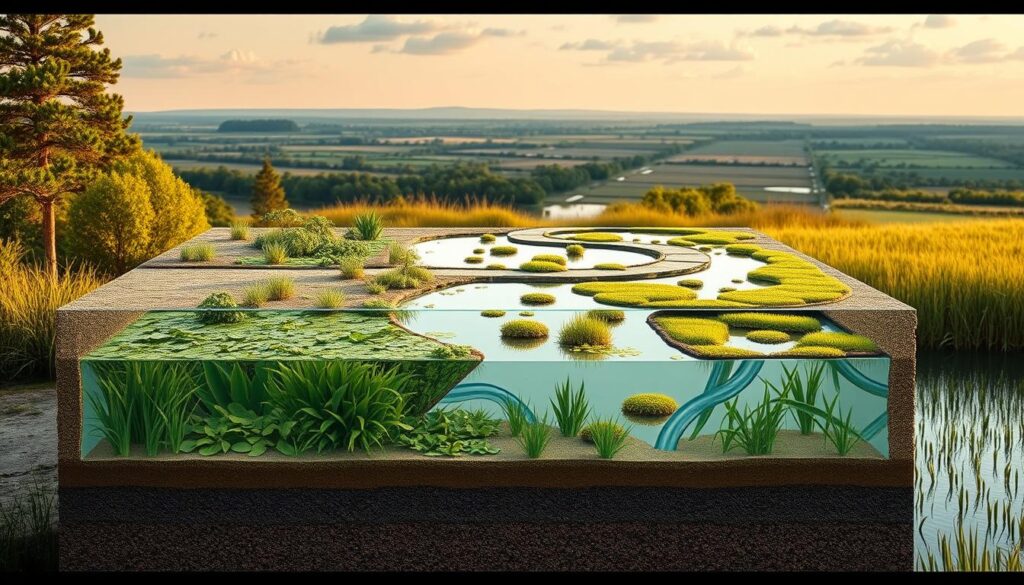 A detailed cross-section of a constructed wetland system, showcasing the key cost factors. In the foreground, an array of aquatic plants and vegetation, meticulously designed to maximize water filtration and habitat creation. In the middle ground, a series of interconnected pools and channels, their depths and contours optimized for efficient water flow and treatment. In the background, a panoramic view of the surrounding landscape, highlighting the integration of the wetland into the natural environment. The scene is bathed in warm, natural lighting, with a soft, earthy color palette conveying the tranquility and sustainability of the system. Technical details such as soil composition, gravel bedding, and flow control structures are visible, providing insights into the engineering considerations that impact the overall cost of the constructed wetland.