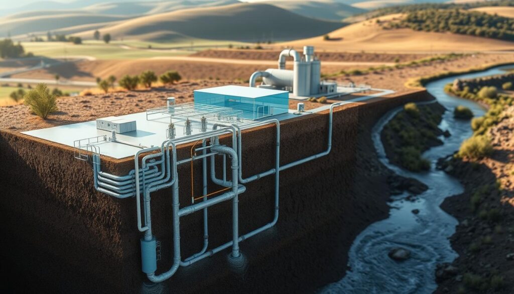 A detailed cross-section of a groundwater remediation site, with intricate piping systems, monitoring wells, and soil treatment technologies. The foreground features a cutaway view, showcasing the underground infrastructure and the flow of contaminants being extracted and processed. The middle ground highlights the above-ground treatment facilities, with clean water being discharged into a nearby stream. The background depicts the surrounding landscape, with rolling hills and vegetation, creating a sense of environmental restoration. The lighting is a combination of natural daylight and industrial lighting, casting shadows and highlights that emphasize the technical complexity of the system. The overall mood conveys a sense of environmental stewardship and the application of advanced water engineering principles.