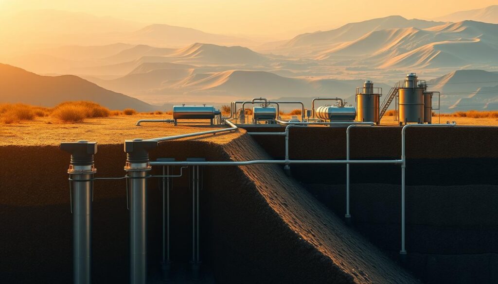 A detailed cross-section of a groundwater remediation system, illuminated by warm, directional lighting that casts dramatic shadows. In the foreground, a series of extraction wells, their steel casings emerging from the earth, connected by a network of sturdy pipes. In the middle ground, a treatment facility with sleek, industrial equipment, processing the extracted groundwater. The background fades into a hazy, geological landscape, revealing the complex subsurface structures and aquifers being addressed. The overall scene conveys a sense of technical expertise, environmental responsibility, and the careful planning required for effective groundwater remediation projects.