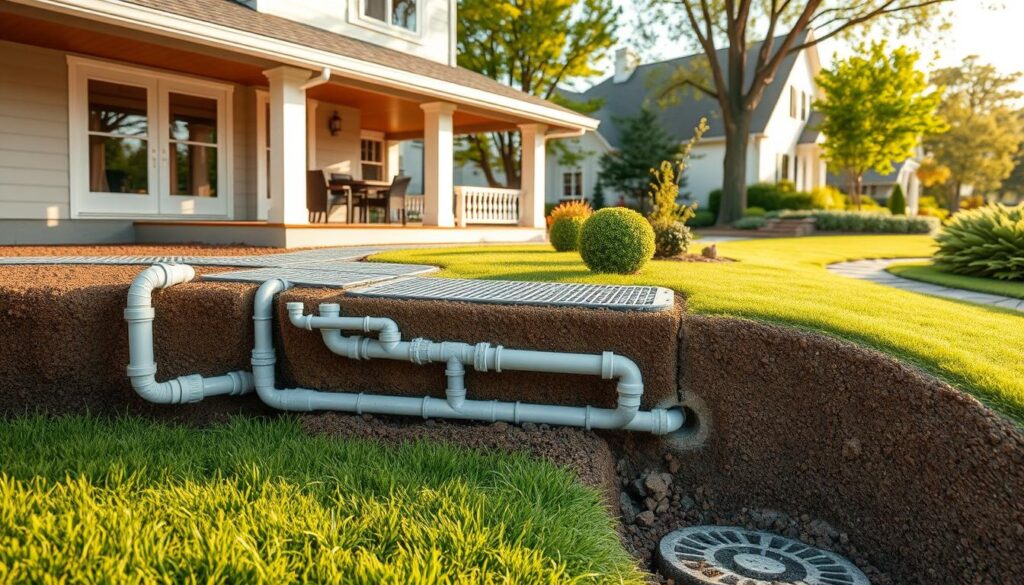 A detailed cross-section view of a complex residential drainage system, showcasing a series of interconnected pipes, grates, and underground channels. The foreground features a cutaway view of the system, with clean lines and precise engineering details. The middle ground highlights the integration of the drainage into the home's foundation, with a seamless integration of materials and textures. The background provides a sense of scale, featuring a well-manicured suburban landscape with lush greenery, natural lighting, and a warm, inviting atmosphere. The overall image conveys the importance of a well-designed drainage system in maintaining a healthy, functional, and aesthetically pleasing home environment.