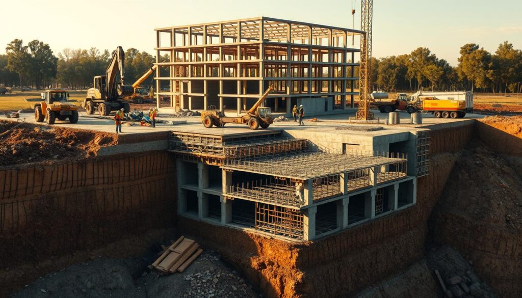 A detailed, cross-sectional view of a foundation engineering site, showcasing the intricate process of building a stable base for a structure. In the foreground, workers carefully excavate the soil, exposing the complex network of rebar and concrete forms that will form the foundation. The middle ground features heavy machinery, such as backhoes and cranes, working in harmony to pour and compact the concrete. In the background, a partly constructed building rises, its frame supported by the robust foundation beneath. The scene is illuminated by warm, natural light, casting long shadows and highlighting the textures of the materials. The overall atmosphere conveys the importance of careful planning and precision in foundation engineering, the foundation of any successful structural design.