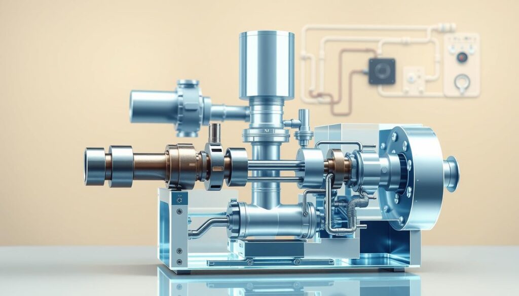 A detailed cutaway diagram of a hydraulic system, showcasing its inner workings. The foreground features a cross-section of a hydraulic piston, cylinder, and valves, with the moving parts and fluid pathways clearly visible. The middle ground depicts the hydraulic pump, reservoir, and connections, while the background reveals the overall system layout, including the power source and control interfaces. The scene is rendered with a technical, engineering-focused aesthetic, using a cool, metallic color palette and sharp, precise lighting to highlight the intricate mechanical components. The overall impression conveys the fundamental principles of hydraulics and how water pressure is harnessed to perform work.