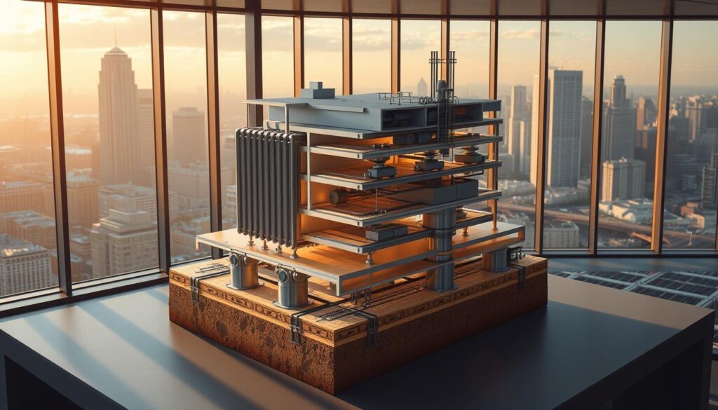 A detailed cutaway view of a building's base isolation system, showcasing its inner workings. In the foreground, a cross-section reveals the intricate arrangement of elastomeric bearings, viscous dampers, and sliding surfaces that decouple the structure from the ground. The middle ground depicts the building's foundation and the complex network of structural elements transferring loads. In the background, an urban landscape provides context, with skyscrapers and infrastructure visible through large windows. The scene is illuminated by warm, directional lighting, casting shadows that emphasize the system's components and their interconnectivity. The overall mood conveys a sense of technical sophistication and engineering excellence in earthquake-resistant design.