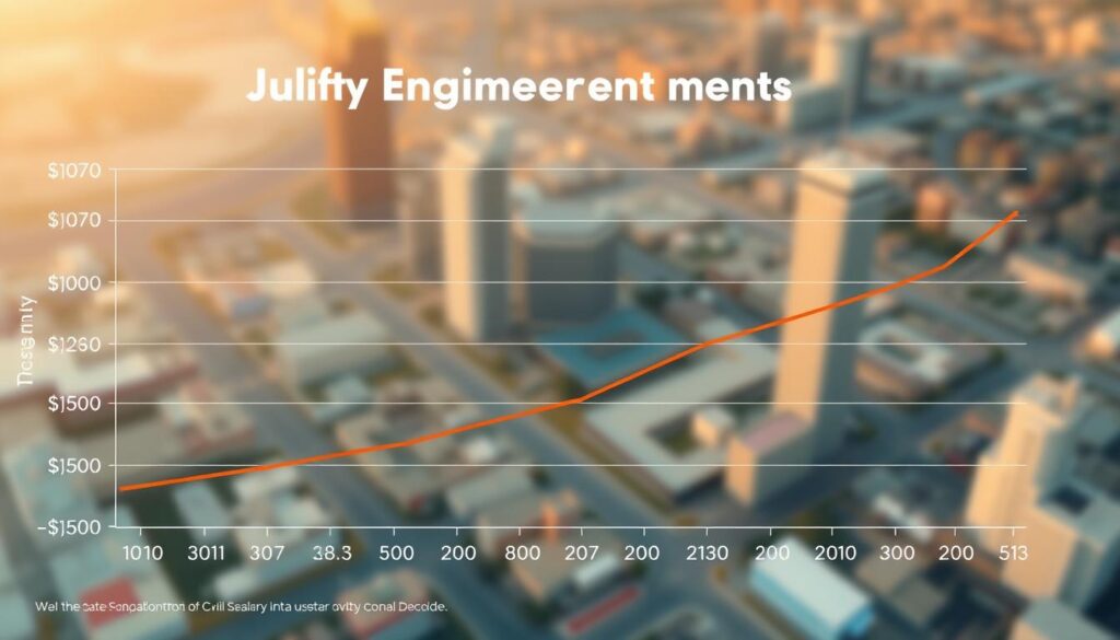 A detailed, data-driven chart showing the salary trends for civil engineers in California over the past decade. The chart is rendered in a clean, minimalist style with crisp lines, neutral colors, and clear typography. The background features a soft, blurred aerial view of a California cityscape, conveying the state's urban landscape. The chart is illuminated by warm, natural lighting, creating a professional, authoritative atmosphere. The overall composition strikes a balance between analytical precision and visual appeal, effectively communicating the nuanced salary information for this specialized field.