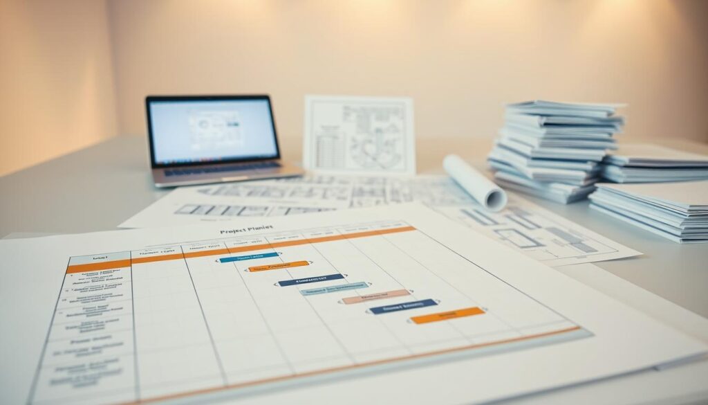 A detailed engineering project plan, showcased in a crisp, clean layout. In the foreground, a well-organized Gantt chart, color-coded and meticulously laid out, capturing the various project milestones and timelines. In the middle ground, a collection of technical schematics and blueprints, rendered in precise, technical drafting style, conveying the engineering complexity of the project. The background features a minimalist office setting, with a sleek laptop display and stacks of reference materials, all bathed in the warm glow of soft, directional lighting, creating a professional, focused atmosphere. The overall composition exudes a sense of methodical planning, technical prowess, and a steadfast commitment to the engineering process.