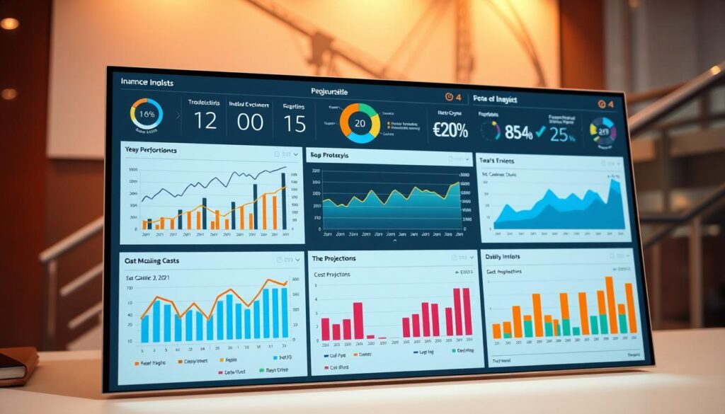 A detailed financial data dashboard displaying complex graphs, charts, and analytics visualizing the economic impact of infrastructure lifecycle cost analysis. The foreground features a sleek, minimalist interface with clean typography and intuitive data visualization tools. The middle ground showcases vibrant, high-resolution graphs and charts conveying key performance indicators, cost projections, and budgetary insights. The background has a soft, muted color palette with subtle architectural elements hinting at the infrastructure being analyzed. The overall scene is lit by warm, directional lighting that enhances the professional, analytical mood.