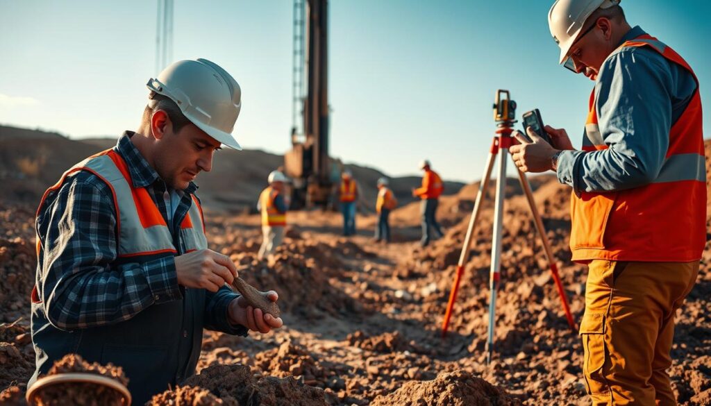 A detailed geotechnical investigation site, with a team of engineers and technicians diligently collecting soil and rock samples. In the foreground, a geologist examines a core sample, while in the middle ground, a drilling rig systematically bores into the earth. In the background, a surveyor meticulously maps the terrain using a high-precision GPS device. The scene is bathed in warm, golden sunlight, conveying a sense of professionalism and scientific rigor. The overall mood is one of focused exploration and careful data gathering, essential for ensuring the success of the construction project.