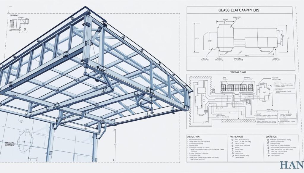 A detailed glass canopy engineering blueprint featuring a meticulously rendered three-dimensional structure. The foreground showcases the intricate framework of the canopy, highlighting the precise joints, load-bearing elements, and the seamless integration of the glass panels. The middle ground reveals the expansive, airy interior space, bathed in natural light filtered through the translucent glass. In the background, a technical diagram outlines the key cost factors, such as material selection, fabrication methods, installation logistics, and maintenance considerations. The overall composition conveys a sense of technical sophistication, innovation, and the elevated aesthetic of the bespoke glass canopy design.