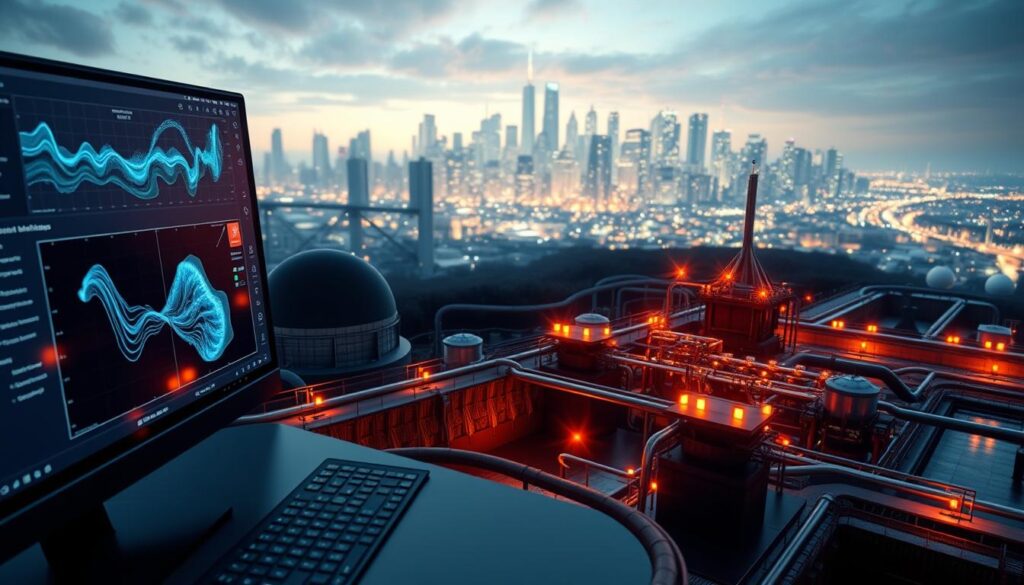 A detailed, high-quality 3D illustration of water engineering software features. In the foreground, a user interface with interactive visualizations of water flow, pipe networks, and terrain analysis tools. In the middle ground, a 3D rendered model of a water treatment plant, with animated processes and real-time data readouts. In the background, a city skyline with complex infrastructure, glowing under dramatic cinematic lighting and depth of field effects, creating a sense of scale and importance. The overall mood is one of technological sophistication, precision, and the vital role of water engineering in modern urban environments.