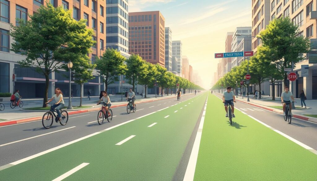 A detailed, high-resolution illustration of a city street with well-designed bike lane infrastructure. In the foreground, a wide, dedicated bike lane with clear lane markings and green-colored pavement. Cyclists of diverse ages and abilities ride along the lane. In the middle ground, street trees, lampposts, and pedestrian crossings create a safe, inviting environment. In the background, modern urban buildings and a clear sky with soft, directional lighting create a sense of openness and connectivity. The scene conveys a balanced, multimodal transportation system that prioritizes active mobility and sustainable urban design.