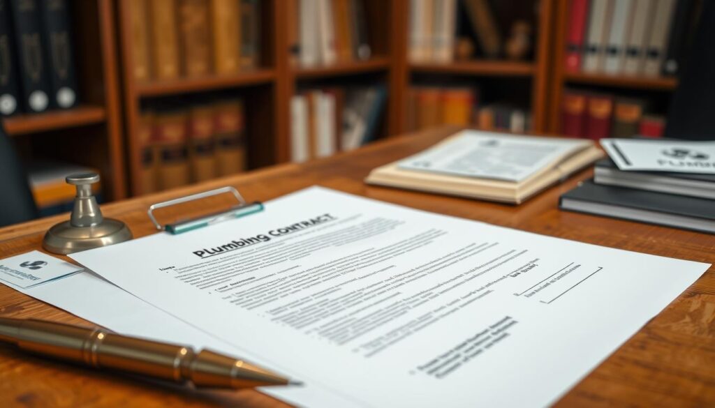 A detailed, high-resolution image of a plumbing contract example, captured in a warm, professional office setting. The contract is prominently displayed on a wooden desk, with a fountain pen and some business cards nearby, conveying a sense of legal formality and attention to detail. The lighting is soft and indirect, creating a subtle, sophisticated atmosphere. The background features a bookshelf with various plumbing-related materials, suggesting expertise and authority. The overall composition and styling evoke the importance of clear, well-documented agreements when hiring a plumber.
