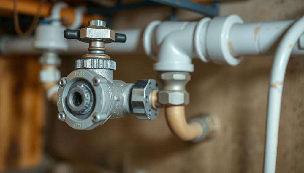 A detailed, high-resolution photograph of a residential main water shut-off valve, prominently featured in the foreground. The valve is shown in its typical installation location, such as in a basement, crawl space, or utility room, with the surrounding environment clearly visible. The lighting is natural and evenly distributed, showcasing the valve's materials and features. The angle is slightly elevated, providing a clear view of the valve's components and the nearby pipes and fittings. The overall scene conveys a sense of calm and clarity, highlighting the importance of this essential plumbing component for homeowners.