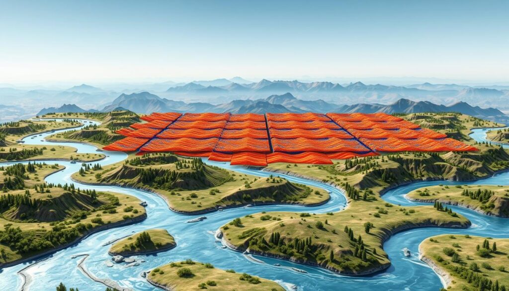 A detailed hydrological model, rendered with photorealistic clarity. In the foreground, a 3D representation of a river basin, complete with winding waterways, terrain contours, and vegetation. The middle ground showcases a grid of dynamic simulation models, depicting water flow, precipitation, and groundwater interaction. In the background, a sweeping vista of mountainous landscapes, illuminated by a soft, diffused lighting that enhances the scientific and technical atmosphere. The overall scene conveys the complexity and interconnectedness of hydrological systems, inviting the viewer to explore the intricate science of water management.