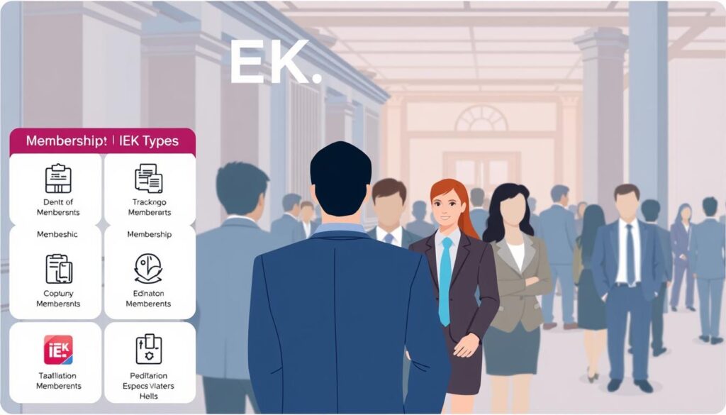 A detailed illustration depicting the various types of IEK membership, presented in a clear and organized manner. The foreground showcases the different membership categories, each represented by a distinct icon or symbol. The middle ground features people in professional attire, symbolizing the diverse membership base. The background subtly conveys a sense of professionalism and community, with architectural elements and a warm, soft lighting scheme. The overall composition aims to convey the comprehensive nature of IEK's membership options, while maintaining a clean, visually appealing aesthetic suitable for the article's context.
