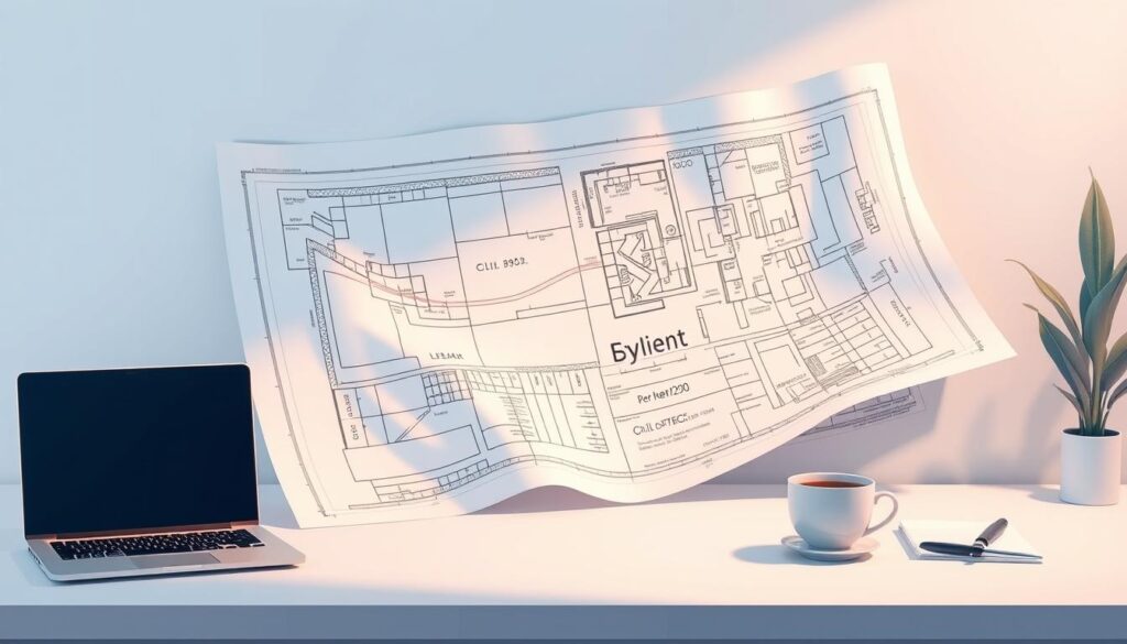A detailed illustration of a civil engineering certification, showcasing a modern architectural blueprint on a sleek, minimalist desktop. The blueprint unfurls across the frame, its intricate lines and dimensions conveying the technical expertise and precision required for civil engineering. Soft, directional lighting casts subtle shadows, highlighting the document's materiality and lending an air of professionalism. The scene is framed by a clean, elegant desktop setup, with a laptop, a cup of coffee, and perhaps a small plant or figurine to suggest the workspace of a dedicated civil engineer. The overall mood is one of accomplishment, expertise, and the pride associated with earning a respected certification in this field.