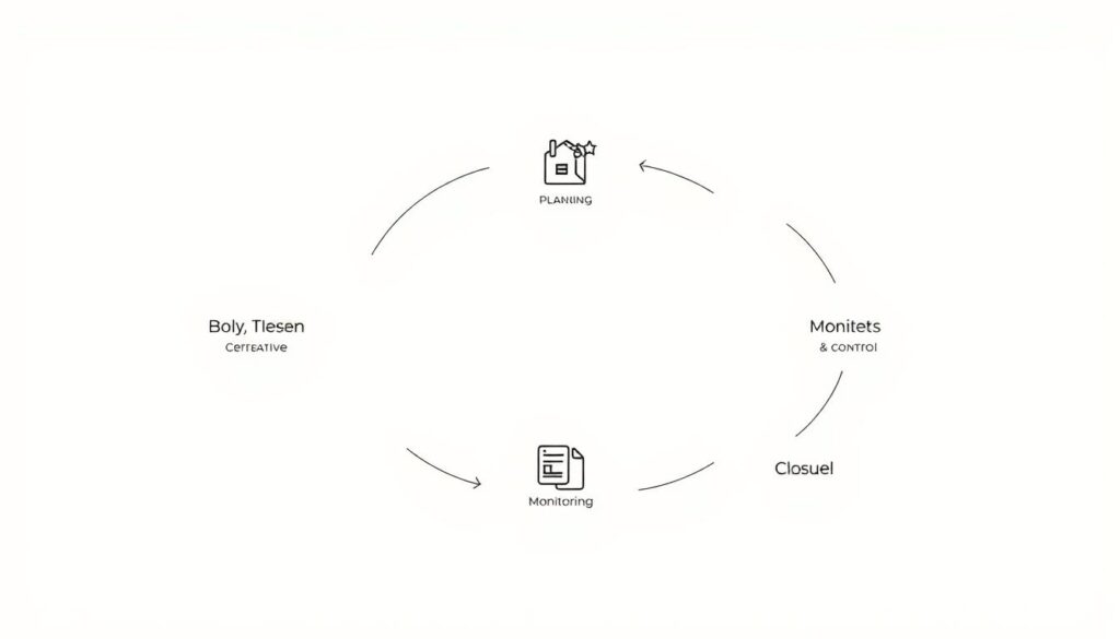 A detailed illustration of the project lifecycle phases, captured in a clean, minimalist style. A simple, elegant composition featuring distinct stages - Initiation, Planning, Execution, Monitoring & Control, and Closure - each represented by iconic symbols and geometric shapes. Soft, muted tones create a sense of balance and harmony, with careful use of light and shadow to highlight the key elements. The overall effect is a visually compelling, easy-to-understand depiction of the project management process, suitable for use in a professional article on the topic.