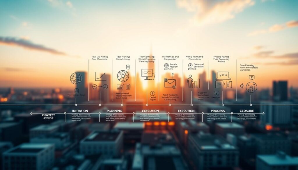 A detailed illustration of the project management lifecycle, captured with a cinematic wide-angle lens. In the foreground, a visual timeline depicting the key phases - initiation, planning, execution, monitoring and controlling, and closure. The middle ground showcases various project management activities, such as task planning, team collaboration, and progress tracking, all rendered in a sleek, minimalist style. The background features a dynamic cityscape, representing the broader context in which the project unfolds, with a soft, warm lighting that creates a sense of professionalism and progress. The overall composition conveys the structured, organized, and interconnected nature of the project management process.