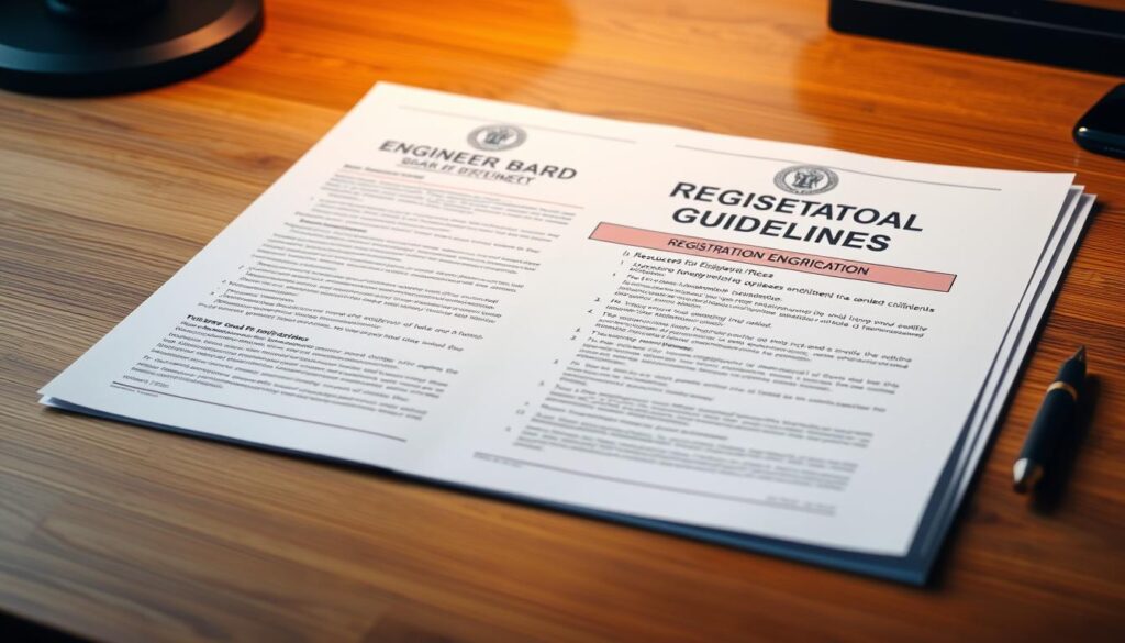 A detailed image of the Engineers Board of Kenya's registration guidelines presented in a clean, professional layout. The document is displayed on a wooden desk, with a soft, warm lighting illuminating the pages. The background features a subtle gradient, creating a sense of depth and focus. The guidelines are legible and well-organized, showcasing the key information an engineer in Kenya would need to navigate the registration process. The overall atmosphere conveys a sense of authority, reliability, and accessibility, aligning with the "Resources for Engineers in Kenya" section of the article.