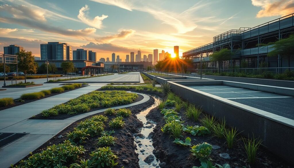 A detailed industrial landscape depicting stormwater runoff control measures. In the foreground, a series of interconnected rain gardens and bioswales capture and filter stormwater, their lush vegetation contrasting with the surrounding concrete surfaces. In the middle ground, a permeable paving system allows water to infiltrate, while a detention basin filled with native plants provides additional storage capacity. In the background, a modern urban skyline with high-rise buildings is partially obscured by wispy clouds, bathed in the warm glow of a setting sun. Crisp, realistic lighting illuminates the scene, capturing the technical and environmental aspects of an effective stormwater management system.