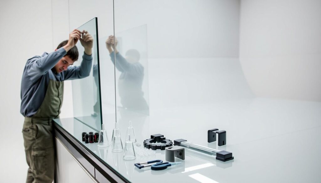 A detailed installation process for anti-reflective architectural glass, captured in a well-lit studio scene. In the foreground, a technician carefully positions the glass panel, examining its edges and surface. In the middle ground, various installation tools and hardware are neatly arranged, including suction cups, clamps, and specialized adhesives. The background showcases the smooth, glossy surface of the installed glass, reflecting the studio lighting and creating a sense of depth and clarity. The overall scene conveys the precision, care, and technical expertise required for a successful anti-reflective glass installation.