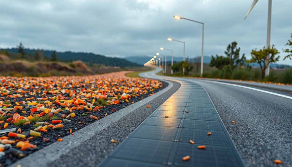 A detailed landscape showcasing innovative sustainable road materials. In the foreground, a sleek, gray porous asphalt surface with integrated solar panels, allowing for renewable energy generation. The middle ground features a colorful array of recycled rubber and plastic additives, enhancing the durability and flexibility of the road. In the background, a modern, energy-efficient street lighting system illuminates the scene, powered by integrated wind turbines. The overall atmosphere conveys a sense of eco-conscious engineering, with a soft, warm lighting creating a serene and futuristic ambiance.