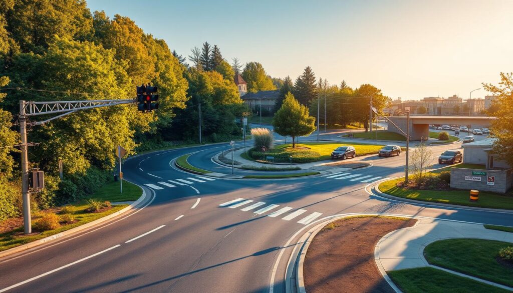 A detailed landscape showing a winding asphalt road flanked by lush greenery, illuminated by warm afternoon sunlight. In the foreground, various road safety engineering elements are showcased, such as traffic signals, road markings, and signage. The middle ground features cars and pedestrians navigating the intersection, while the background depicts buildings, trees, and a clear blue sky. The scene conveys a sense of safety, efficiency, and harmony, highlighting the importance of road safety engineering in creating a secure and functional transportation system.