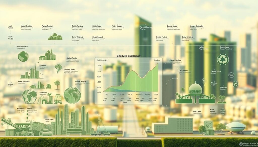 A detailed life cycle assessment diagram showcasing the environmental impacts of sustainable engineering materials throughout their production, use, and end-of-life stages. In the foreground, intricate visualizations depict the material extraction, manufacturing, and recycling processes, represented by sleek 3D models and dynamic data visualizations. The middle ground features a central comparative analysis chart, highlighting the relative sustainability metrics of different materials. In the background, a softly blurred cityscape with green architecture and infrastructure creates an aspirational, eco-friendly atmosphere, lit by warm, diffused lighting to convey a sense of progress and innovation. The overall composition should strike a balance between technical precision and a visually engaging, conceptual design.