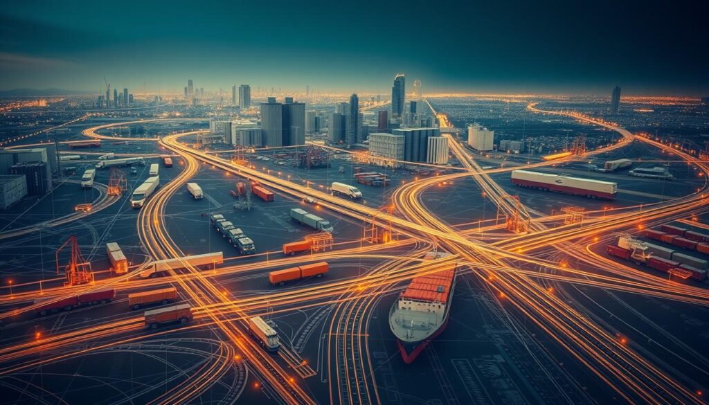 A detailed logistical optimization blueprint, showcasing a complex transportation network. In the foreground, an intricate web of interconnected transportation routes, with trucks, trains, and cargo ships converging at strategic hubs. The middle ground features data visualization dashboards, analytics, and optimization algorithms, guiding the flow of goods. In the background, a panoramic view of a bustling metropolitan area, with skyscrapers and infrastructure reflecting the scale and complexity of the logistics system. Warm, muted tones create a sense of efficiency and precision, while dramatic lighting from multiple angles highlights the technical details and the integration of different modes of transportation.