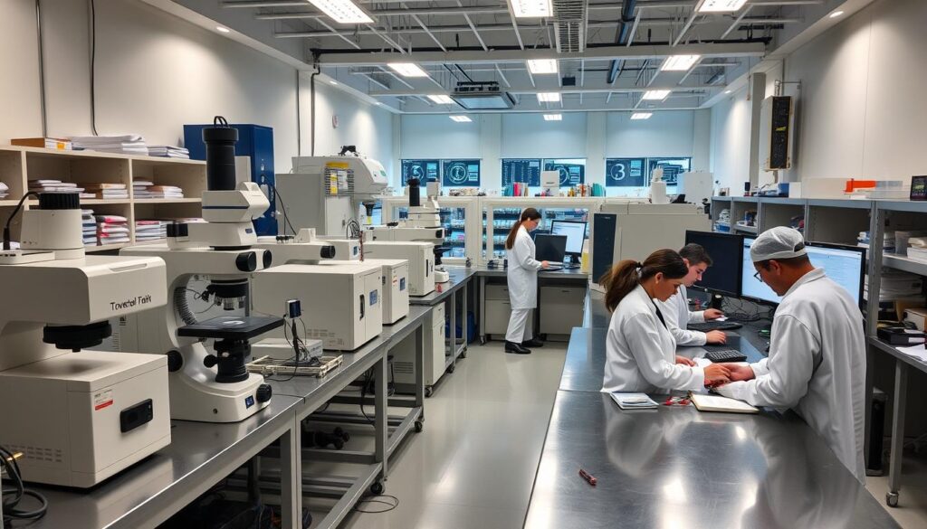 A detailed materials characterization laboratory, illuminated by soft, directional lighting. In the foreground, various scientific instruments and equipment - scanning electron microscopes, X-ray diffractometers, and spectroscopic analyzers - arranged neatly on gleaming metal workbenches. In the middle ground, technicians in crisp white lab coats meticulously operate the instruments, studying samples under high magnification. The background reveals a panoramic view of the lab, with towering shelves of reference materials, data-filled computer screens, and the occasional glimpse of advanced testing chambers. An atmosphere of precise, methodical investigation pervades the scene, capturing the intersection of metallurgy and other technical fields.