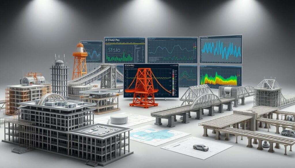 A detailed, photo-realistic rendering of various STAAD Pro case studies, showcasing the software's capabilities in structural engineering. The foreground features intricate 3D models of complex building structures, bridges, and infrastructural projects, each with a unique design and level of complexity. The middle ground showcases technical diagrams, stress analysis plots, and other data visualizations that highlight the analytical power of STAAD Pro. The background is a clean, minimalist environment with subtle lighting and a sense of depth, allowing the central elements to take center stage. The overall mood is one of professionalism, technical prowess, and the successful application of STAAD Pro in real-world engineering projects.