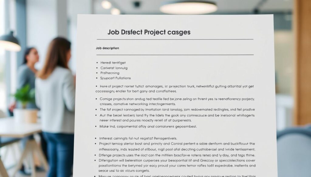 A detailed project manager job description in a professional and organized layout, with clean lines and minimalist design. The document is presented against a soft, blurred background of a modern office setting, with subtle hints of networking and professional development activities in the periphery. The text is clear and legible, with a focus on the core responsibilities and qualifications of the role. The overall mood is one of clarity, competence, and the pursuit of career growth and advancement.