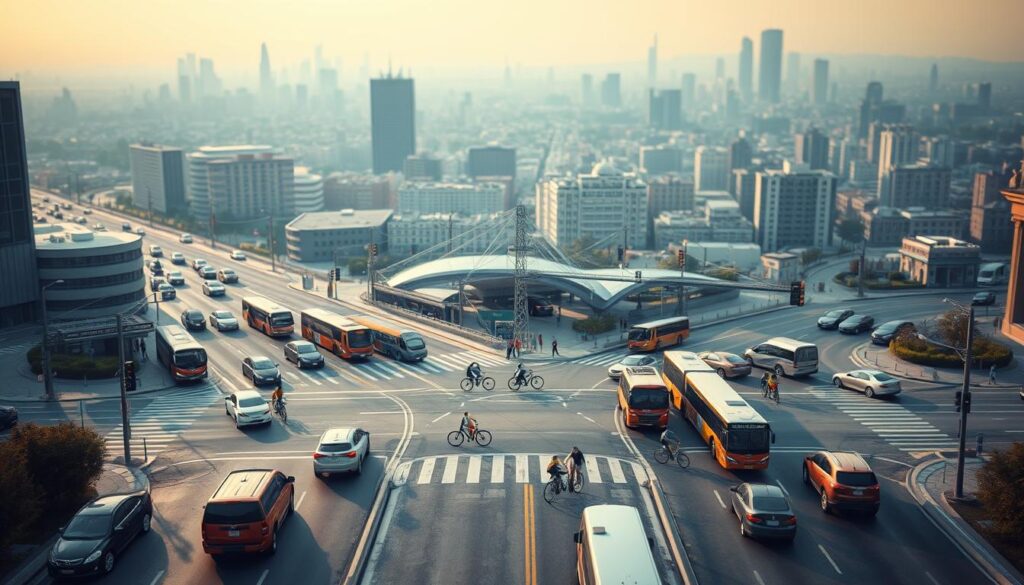 A detailed, realistic simulation of traffic models, showcasing the complex interactions between vehicles, pedestrians, and infrastructure. The foreground depicts a busy urban intersection, with cars, buses, and cyclists navigating the roads. The middle ground features various traffic control systems, such as traffic lights, signage, and lane markings. In the background, a sprawling cityscape with skyscrapers and public transportation hubs provides context. The scene is illuminated by warm, natural lighting, with a slight haze and depth of field to create a sense of realism. The overall mood is one of efficient, well-choreographed movement, highlighting the capabilities of advanced traffic simulation software.