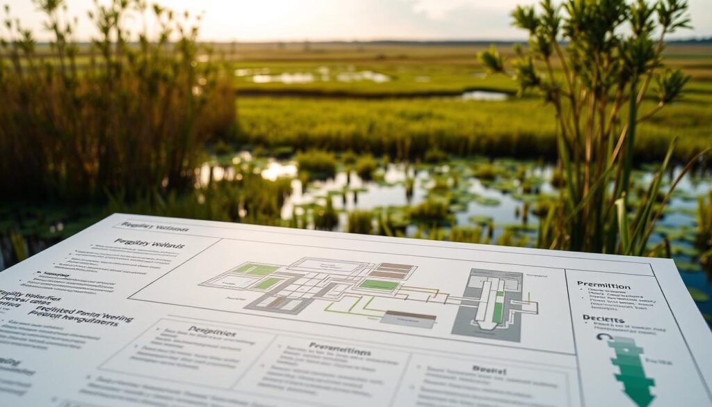 A detailed regulatory framework for constructed wetlands, captured through a technical lens. In the foreground, a schematic diagram outlines the key regulatory components - permitting, monitoring, and compliance requirements. The middle ground features architectural renderings of wetland systems, showcasing the design elements that must adhere to environmental regulations. In the background, a panoramic view of a thriving constructed wetland, bathed in soft, natural lighting that emphasizes the harmony between engineering and ecology. The image conveys the careful balance between human intervention and natural preservation that underpins the regulatory framework for these vital ecosystems.