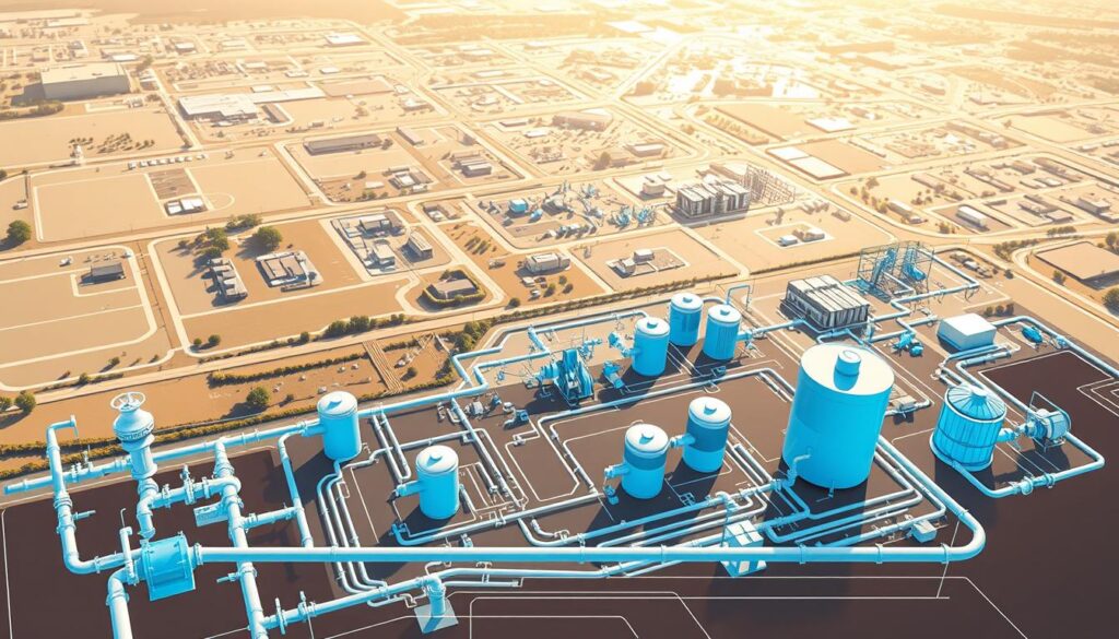 A detailed schematic diagram of a comprehensive water distribution system, designed with precision and efficiency in mind. The foreground showcases a network of interconnected pipes, valves, and fittings, neatly arranged to optimize the flow and delivery of clean water. In the middle ground, a series of storage tanks and pumping stations stand tall, providing the necessary infrastructure to maintain consistent pressure and supply. The background features a complex landscape of roads, buildings, and topographical features, seamlessly integrated into the system's design. The scene is illuminated by a warm, natural light, creating a sense of balance and functionality. This image captures the technical excellence and careful planning required to engineer a reliable and sustainable water distribution system.