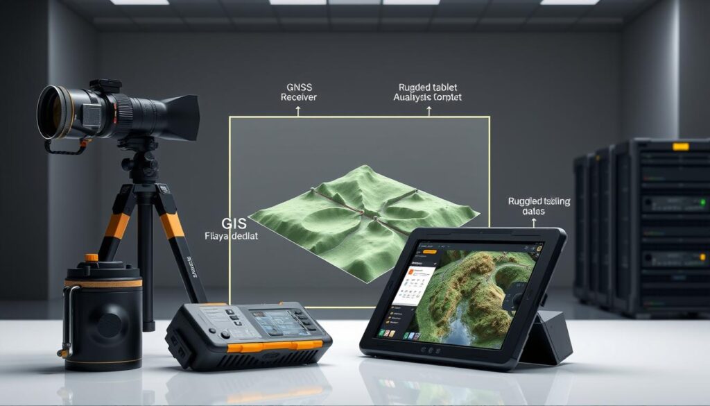 A detailed schematic diagram showcasing the key components of GIS technology. In the foreground, various hardware devices are displayed, including a high-resolution camera, a GNSS receiver, and a ruggedized tablet computer. In the middle ground, a 3D terrain model is rendered, highlighting the integration of geospatial data and analysis tools. In the background, a server rack and data storage units symbolize the data management and processing capabilities of the GIS system. The scene is illuminated by a soft, diffused lighting, creating a professional, technical atmosphere.