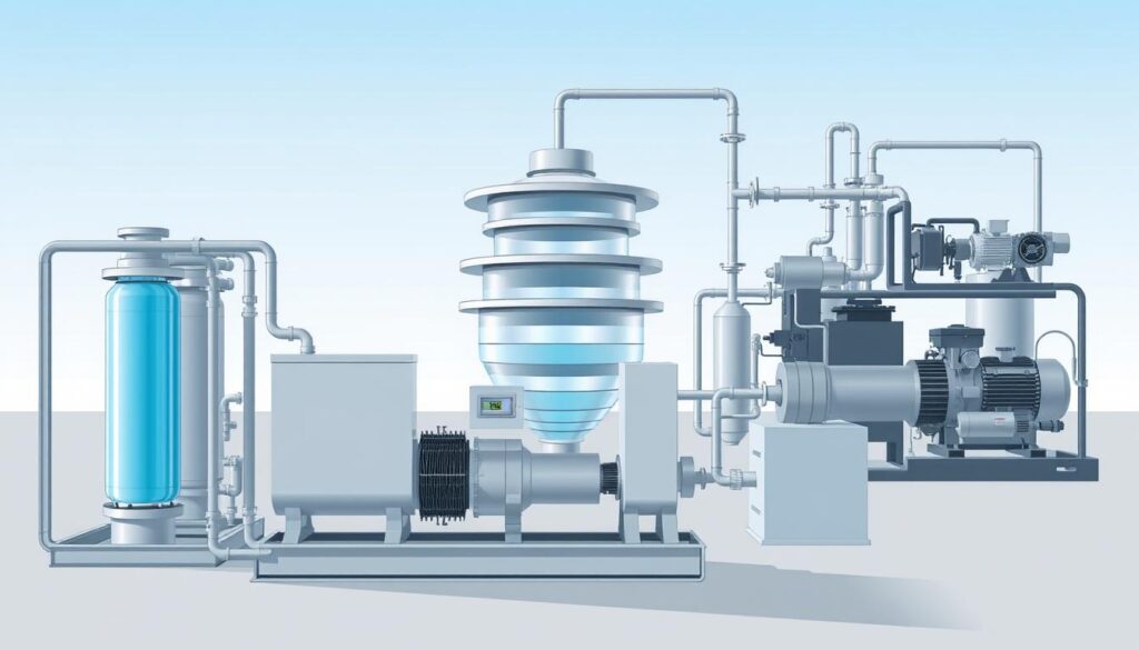 A detailed schematic illustration of various desalination processes. In the foreground, a reverse osmosis unit with its distinctive membrane filtration system. In the middle ground, a multi-stage flash distillation plant, showcasing the tiered evaporation chambers. In the background, a mechanical vapor compression setup, with its compressor and heat exchanger components. The scene is rendered in a technical, engineering-focused style, with clean lines, muted colors, and a focus on the essential machinery and equipment. Bright, directional lighting highlights the intricate details of the desalination systems, conveying a sense of precision and efficiency.