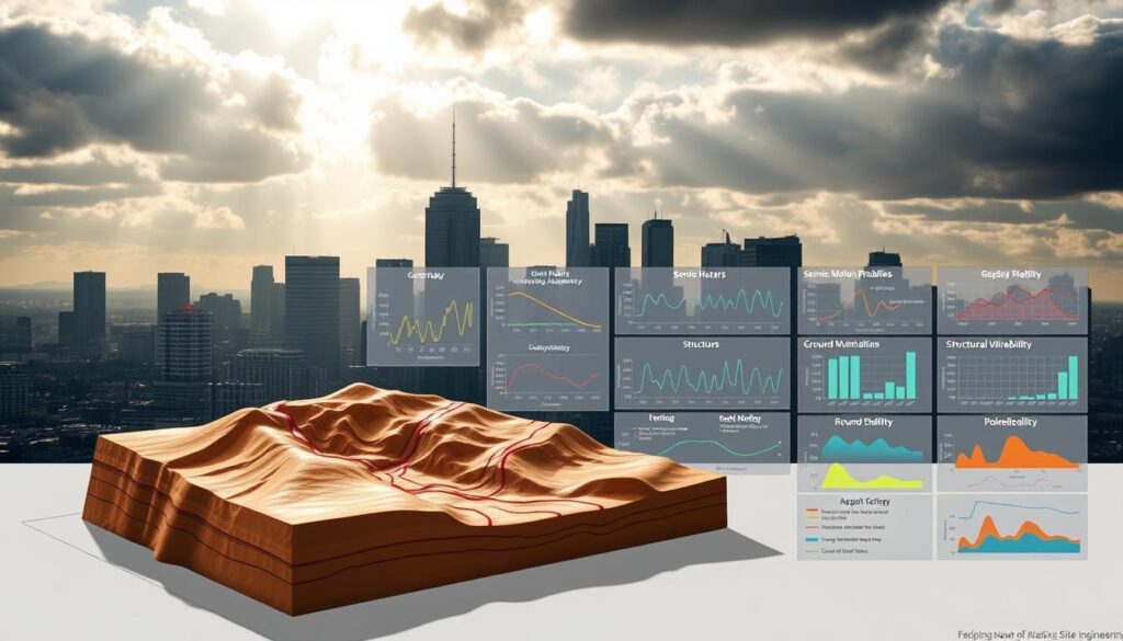 A detailed seismic risk assessment diagram set against a backdrop of a cityscape skyline. In the foreground, a three-dimensional topographical map showcases the geological layers and fault lines of the local terrain. In the middle ground, various data visualizations and graphs depict seismic hazard probabilities, ground motion simulations, and structural vulnerability analyses. The background features a partially cloudy sky with dramatic lighting, casting long shadows that convey a sense of gravity and the high stakes involved in seismic engineering. The overall tone is one of scientific rigor and urgency, reflecting the critical importance of site assessment in mitigating earthquake risks.