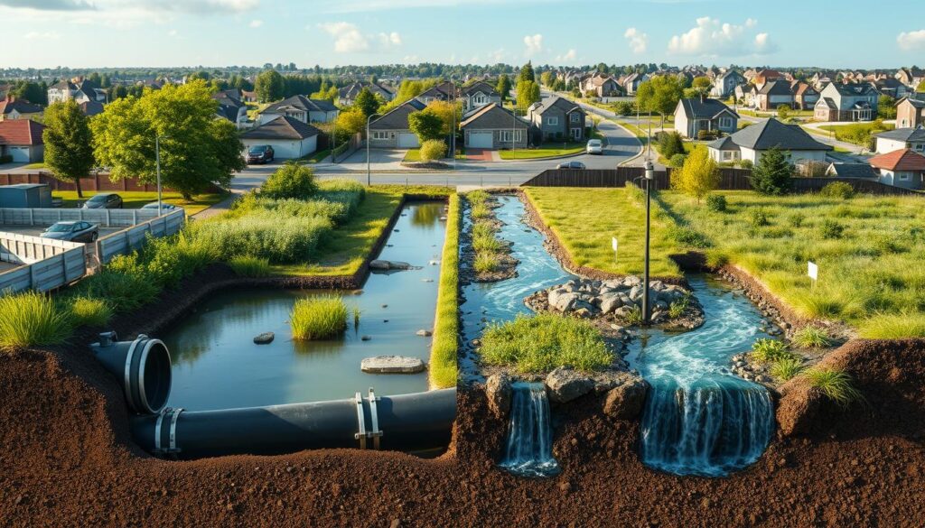 A detailed, side-by-side comparison of traditional drainage systems and sustainable drainage systems (SuDS). The foreground depicts the key components of each system, such as pipes, ponds, and permeable surfaces. The middle ground showcases the contrasting environmental impacts, with lush greenery and natural water flows for SuDS versus concrete and polluted runoff for traditional systems. The background features a suburban landscape, allowing viewers to envision the real-world application of these drainage solutions. The lighting is soft and natural, emphasizing the tranquility and efficiency of the sustainable approach. The camera angle provides a comprehensive overview, inviting the viewer to critically analyze the differences between the two drainage systems.