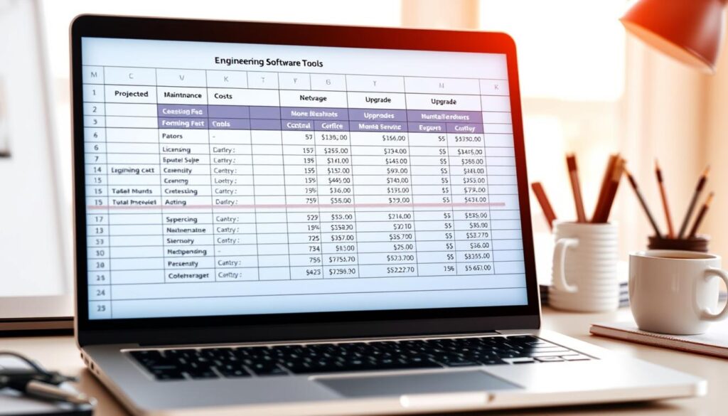 A detailed spreadsheet displaying the projected costs of various engineering software tools, displayed on a laptop screen with a minimalist desk setup. The foreground features the spreadsheet columns highlighting factors like licensing fees, maintenance costs, and upgrade expenses. The middle ground shows the laptop surrounded by office supplies and a cup of coffee, conveying a professional working environment. The background depicts a softly blurred window, suggesting a bright, well-lit office space. The overall mood is one of analytical, data-driven decision-making, emphasizing the importance of carefully considering the financial implications of selecting the right engineering software.