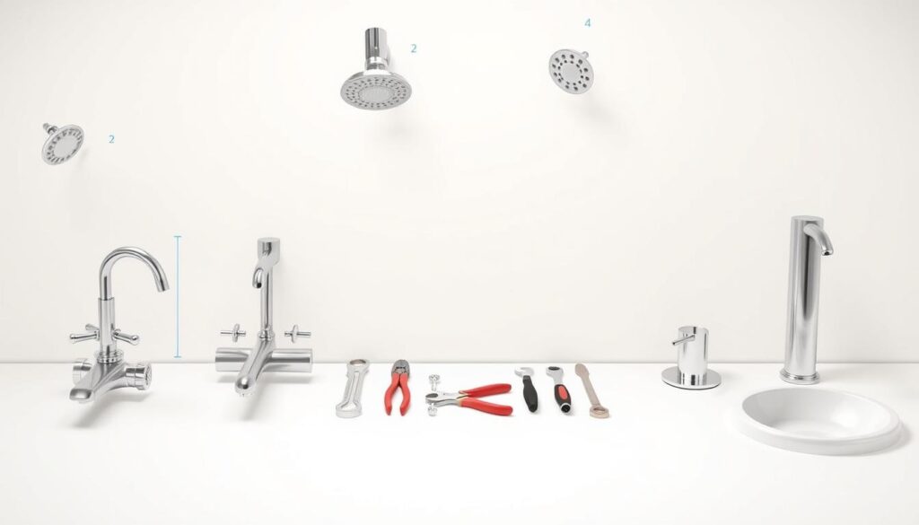 A detailed, step-by-step illustration of a plumbing fixture installation guide. In the foreground, various plumbing fixtures such as faucets, showerheads, and sinks are arranged in a clean, organized manner, showcasing their intricate designs. In the middle ground, a set of tools including wrenches, pliers, and a basin wrench are neatly laid out, indicating the necessary equipment for the installation process. The background features a plain, light-colored wall, allowing the fixtures and tools to be the focal point of the image. The lighting is soft and diffused, creating a calm and professional atmosphere, perfect for guiding the reader through the installation process.