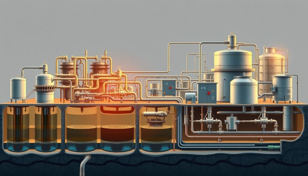 A detailed, technical cross-section illustration of an industrial wastewater treatment system. In the foreground, various clarifiers, filters, and settling tanks. In the middle ground, a network of pipes, valves, and pumps transporting wastewater through the different stages of the process. In the background, a chemical treatment unit and a biological reactor, bathed in warm, directional lighting. The overall scene conveys a sense of precision engineering and process control, with a muted color palette of grays, blues, and metallic tones to emphasize the industrial nature of the subject matter.