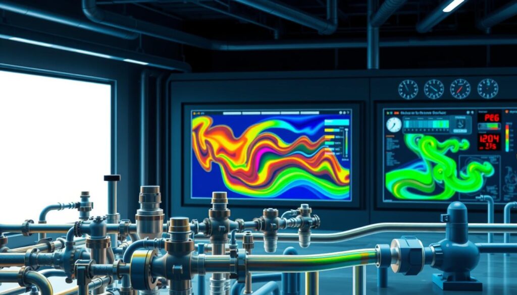 A detailed, technical diagram of a hydraulic modeling system for water networks. In the foreground, a complex network of pipes, valves, and pumps in a cutaway view, meticulously rendered with a technical, engineering aesthetic. In the middle ground, a computational fluid dynamics simulation visualized with vibrant color-coded flow patterns. In the background, a sleek, minimalist control panel with dials, gauges, and readouts, illuminated by cool, directional lighting. The overall atmosphere conveys a sense of precision, functionality, and scientific rigor, suitable for illustrating the "Key Factors Influencing Design" in a water supply network article.