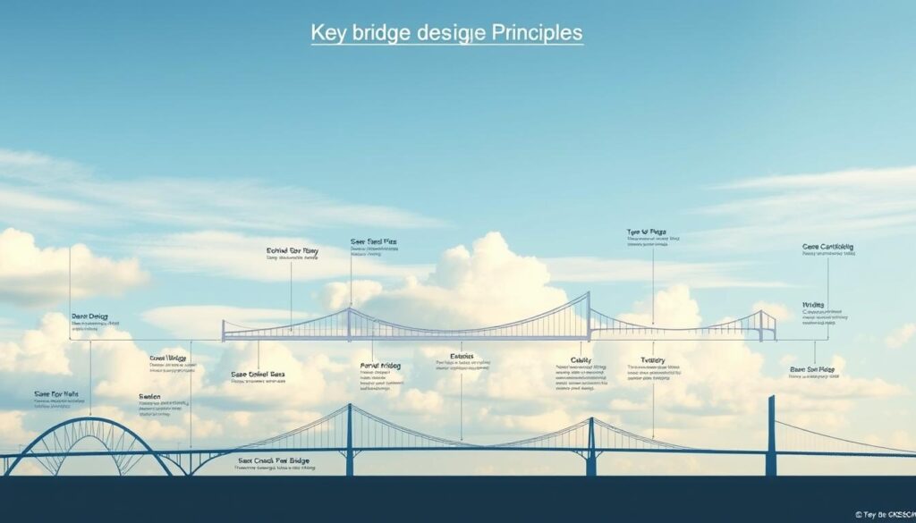 A detailed technical diagram of key bridge design principles, rendered in a clean, minimalist style. The foreground showcases various bridge structural elements like arches, trusses, and cables, with annotations highlighting their critical functions. The middle ground features several types of bridge designs, including suspension, cantilever, and beam bridges. The background depicts a serene, cloud-filled sky, emphasizing the elegant, engineering-driven aesthetic. Crisp, soft lighting illuminates the scene, lending an air of precision and professionalism. The overall composition conveys a sense of thoughtful, considered bridge design principles.