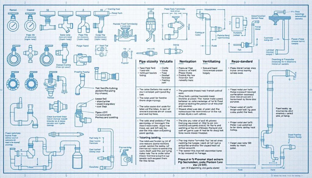 A detailed technical diagram of plumbing codes and regulations, displayed on a blueprint-style background. The foreground features various plumbing symbols, pipe fittings, and schematics, rendered in a technical, engineering-inspired style. The middle ground showcases an array of annotated diagrams explaining common code requirements, such as pipe sizing, ventilation, and drainage standards. The background depicts a subtly textured grid pattern, resembling engineering graph paper, adding a sense of precision and professionalism. The overall mood is informative and authoritative, guiding the viewer through the complex world of plumbing codes.